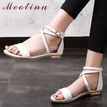 Meotina אמיתי עור נשים סנדלי בלוק העקב שטוח סנדלי בוהן פתוח אבזם קיץ נעלי נשי 2018 שחור לבן גודל 33 -46 11(China)