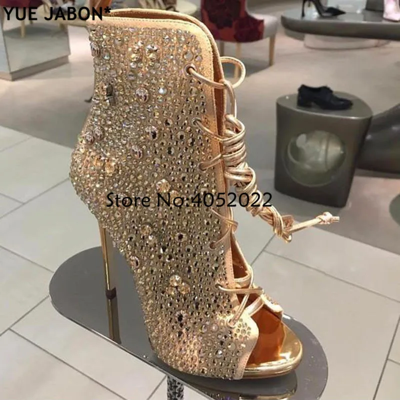 Hot Sale Stiletto Peep Toe Thin High heels Cut-outs Sandal Boots Crystal Rhinestone Lace Up Short Ankle Boots Summer Spring Shoe
Hot Sale Stiletto Peep Toe Thin High heels Cut-outs Sandal Boots Crystal Rhinestone Lace Up Short Ankle Boots Summer Spring Shoe