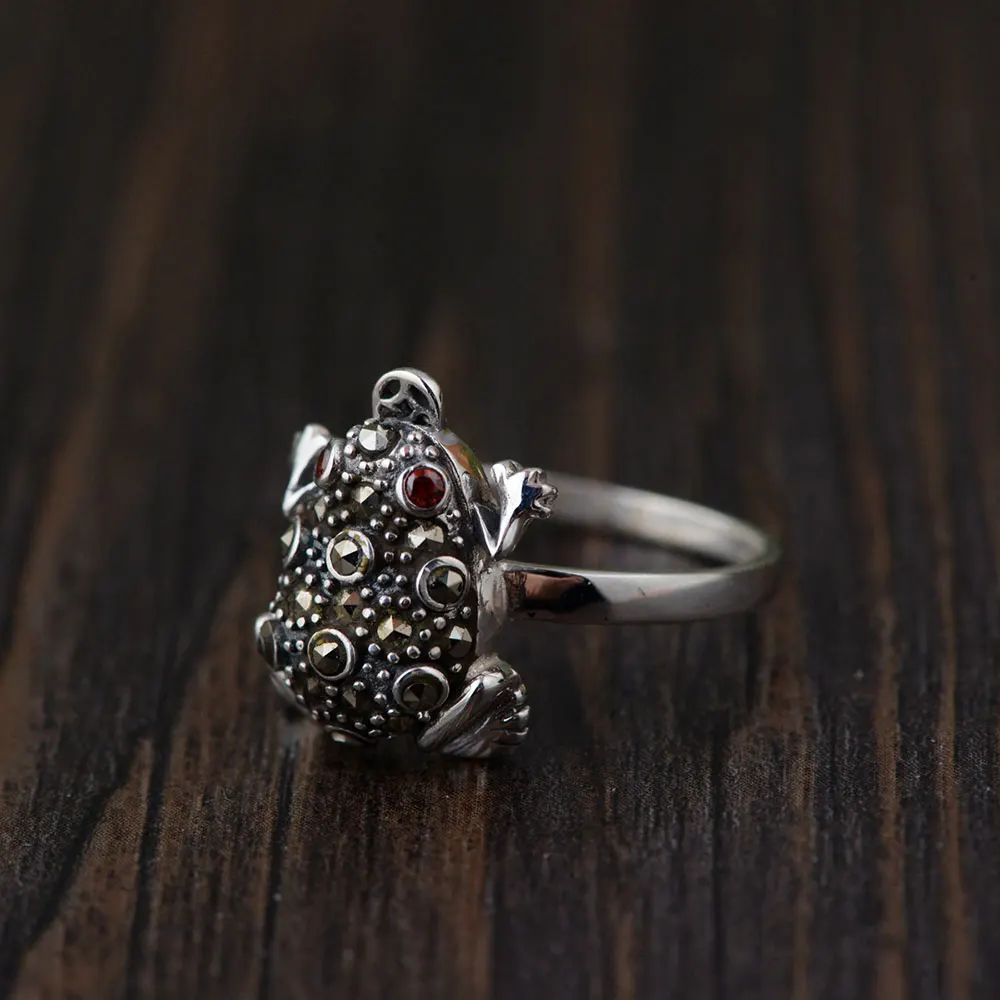 

FNJ 925 Silver Frog Ring MARCASITE Red Zircon Fashion Original S925 Sterling Thai Silver Rings for Women Jewelry USA Size 5.5-8