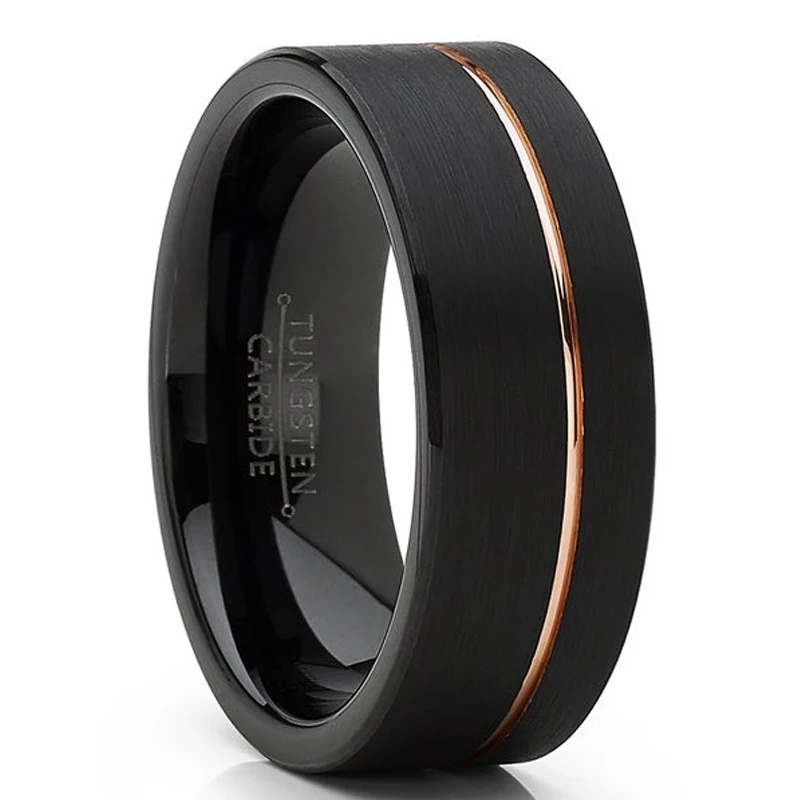 

Customize Tungsten Carbide Wedding Band 6mm/8mm Rose Gold Line Ring Black Brushed Comfort Fit - No Stock