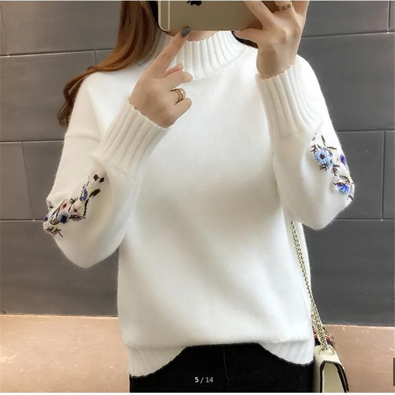 High quality women fashion 2022 Turtleneck sweater top woman long sleeve warm sweaters Embroidered Knitted pullover B3965 | Женская