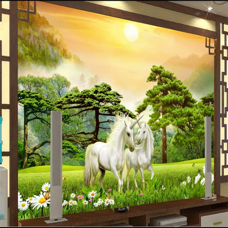 

beibehang White Horse welcoming pine living room TV backdrop custom large mural green wallpaper papel de parede para quarto