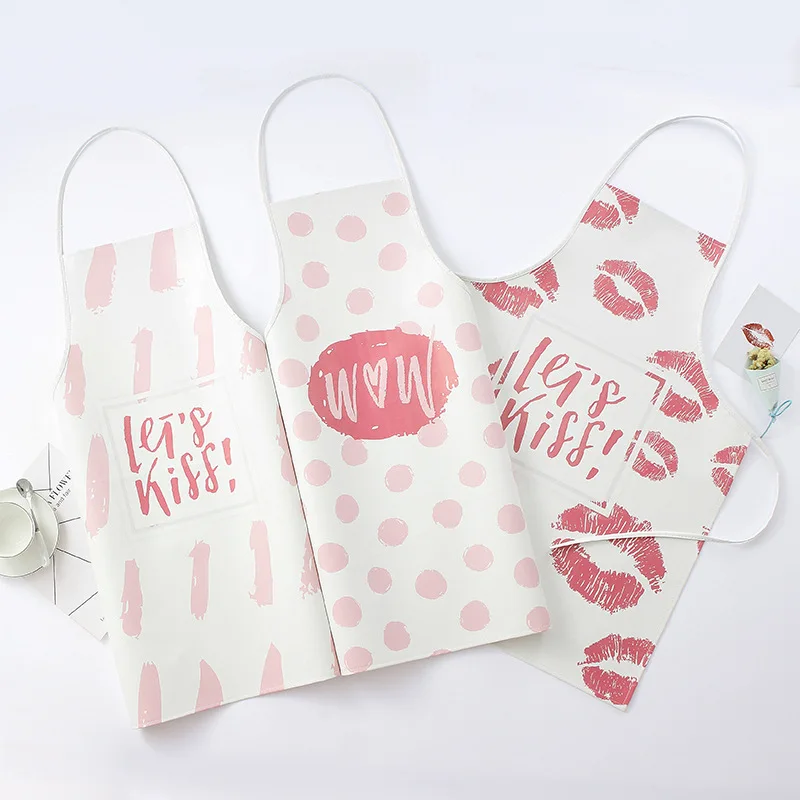 

HMS Adult Pink Lip Dot Letter Sleeveless PU Water Oil-proof Apron Antifouling BBQ Kitchen Apron 587