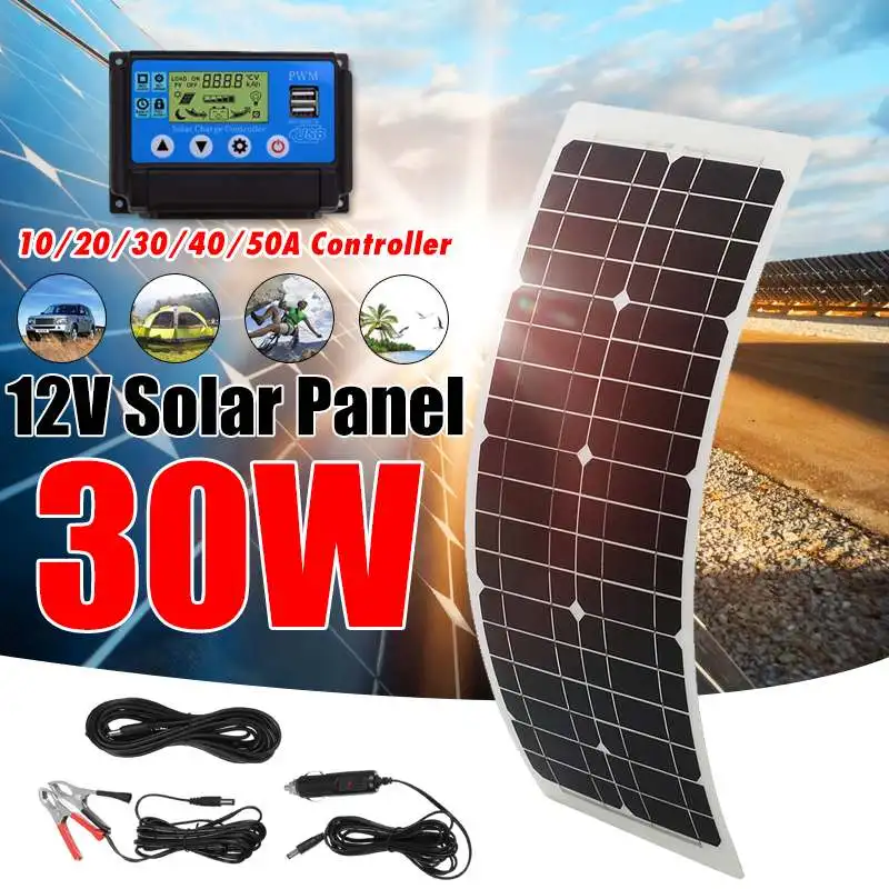 30W Flexible Solar Panel Solar Cell module + 10/20/30/40/50A PWM Controller Solar System Kits for Fishing Boat Cabin Camping
30W Flexible Solar Panel Solar Cell module + 10/20/30/40/50A PWM Controller Solar System Kits for Fishing Boat Cabin Camping