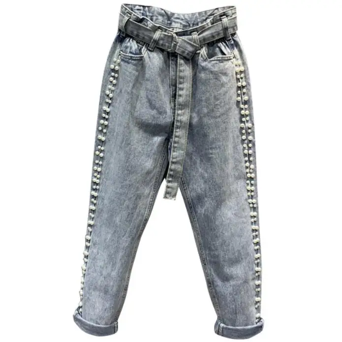Jeans women 2019 summer fashion beading high waist belt loose anklel length harem pants
Jeans women 2019 summer fashion beading high waist belt loose anklel length harem pants