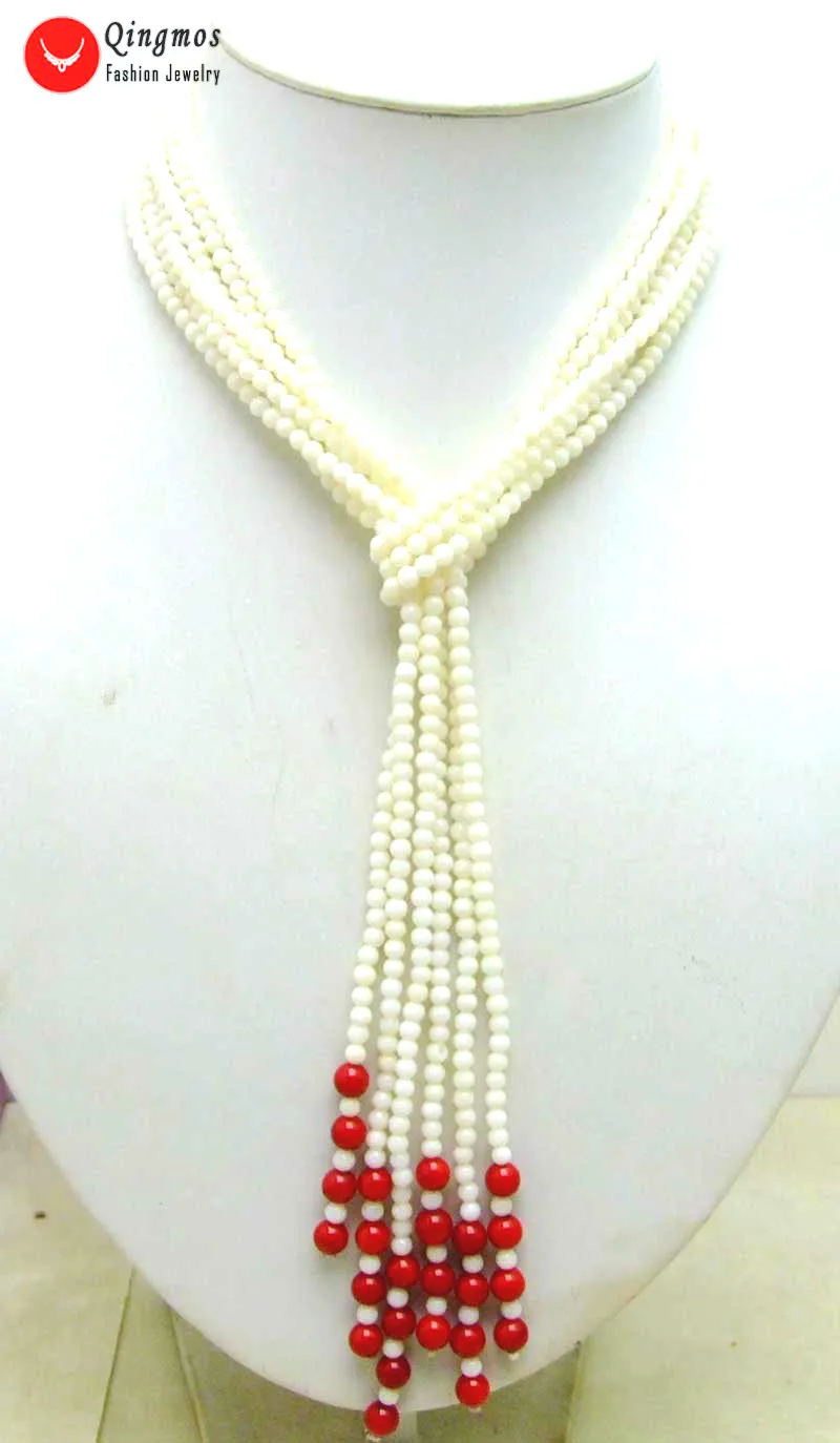 

Qingmos 45 '' Natural Coral Shawl Long Necklace for Women with 3 Strands 4mm Round White & Red Coral Necklace Jewelry Free Ship