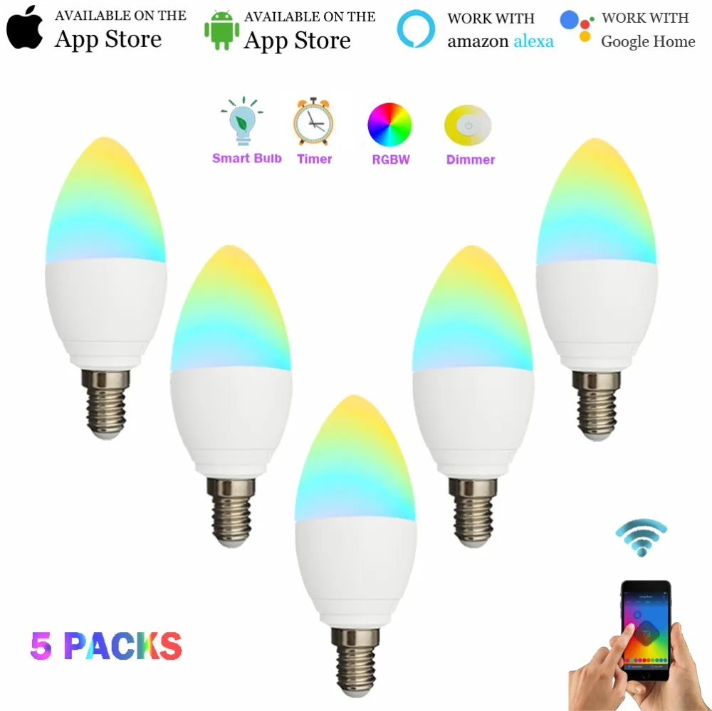 Smart Light Bulb E14,Dimmable WiFi Led,Multicolor Smart Bulb,RGBW Amazon LED, Smart Candle Bulb,work with Google Home(5 Packs)
Smart Light Bulb E14,Dimmable WiFi Led,Multicolor Smart Bulb,RGBW Amazon LED, Smart Candle Bulb,work with Google Home(5 Packs)