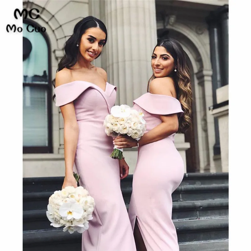 Blush-Pink-Short-Bridesmaid-Dresses-Boat-Neck-Off-The-Shoulder-Tea-Length-Charming-Wedding-Guest-Dress
