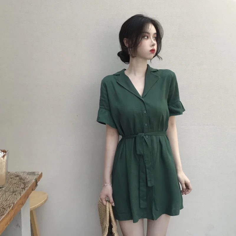 Lychee Girls Vintage Shirt Style Women Dress Summer Short Sleeve Turn Down Color Single Breasted Green Short Dress with Sashes
Lychee Girls Vintage Shirt Style Women Dress Summer Short Sleeve Turn Down Color Single Breasted Green Short Dress with Sashes