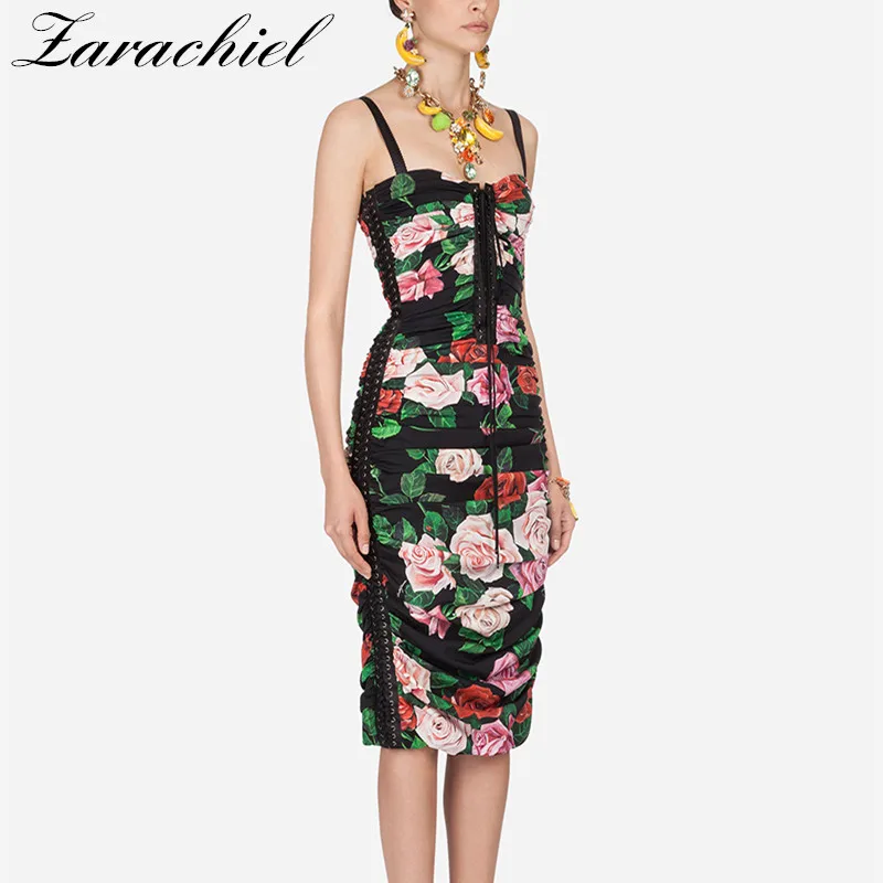 Runway Designer Sexy Bodycon Strapless Spaghetti Strap Fold Midi Dress Women Summer Rose Floral Print Lace-up Package Hip Dress
Runway Designer Sexy Bodycon Strapless Spaghetti Strap Fold Midi Dress Women Summer Rose Floral Print Lace-up Package Hip Dress