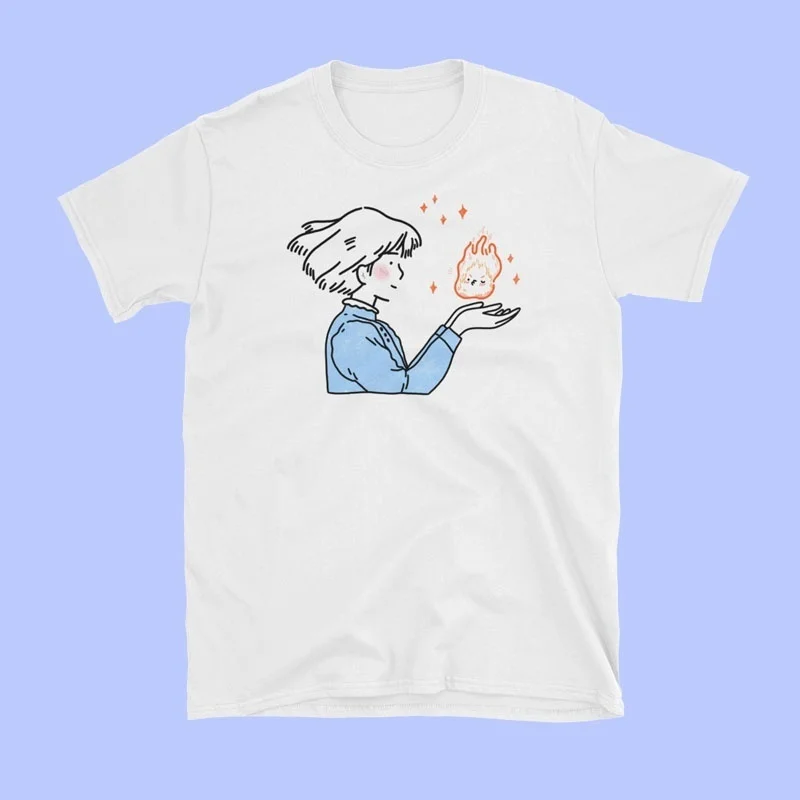 

PUDO-XSXSophie Kisses Calcife T-Shirt Women Tumblr Aesthetic Japanese Anime Kawaii Graphic Tee Howls Moving Castle Shirt