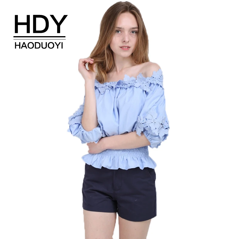 HDY Haoduoyi однотонные синие женские сексуальные милые рубашки кружевная отделка с