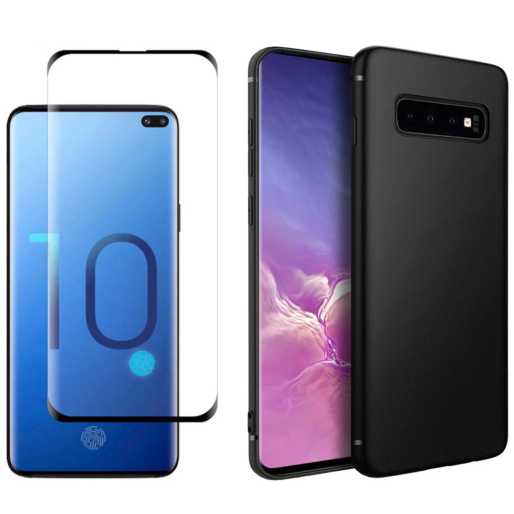 Черный мягкий матовый чехол из ТПУ с закаленным стеклом для Samsung Galaxy S10 бампер
