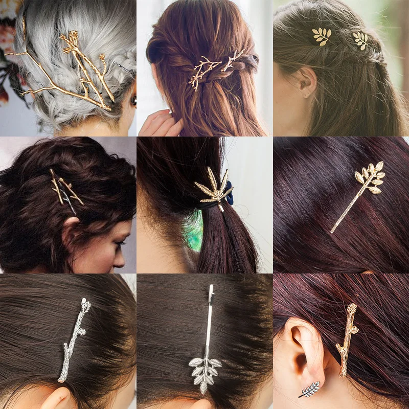 

Many Patterns Leaf & Branches White Pigeon Birds Metallic Hair Clips and Pins Golden Silver Hair Jewelry for Women