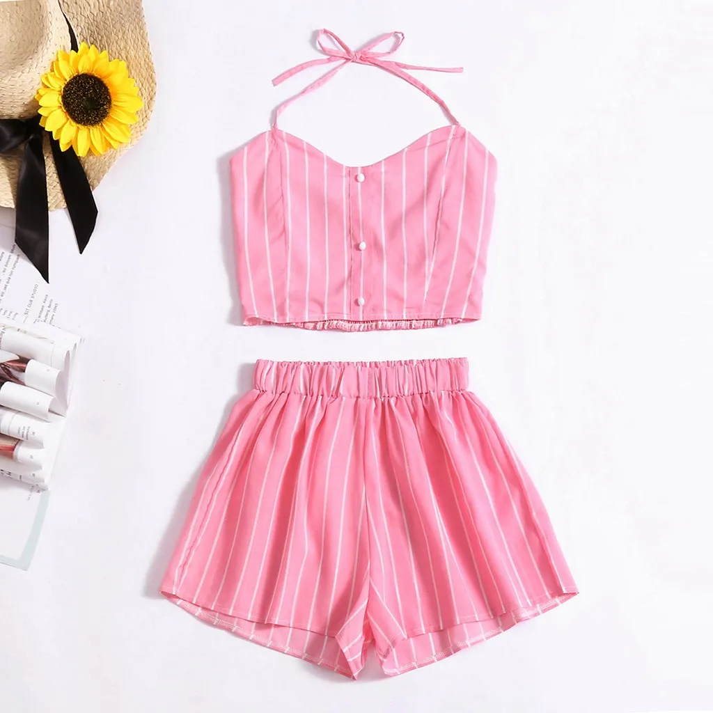Women's Sexy Striped Pink Vest Bandage Shorts Two-Piece Outfit Suits Sets Two Pieces Halter Summer Ladies Clothes Chemise Femme
Women's Sexy Striped Pink Vest Bandage Shorts Two-Piece Outfit Suits Sets Two Pieces Halter Summer Ladies Clothes Chemise Femme