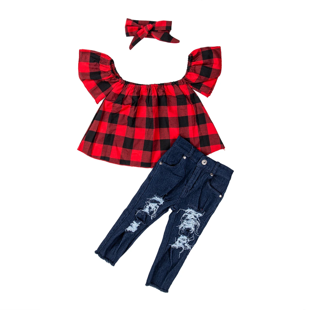 Kids Ripped Jeans 3 Piece Clothes Set Red Plaid Shoulderless Top +Black Denim Trousers with Headband Children Girl's Outfit
Kids Ripped Jeans 3 Piece Clothes Set Red Plaid Shoulderless Top +Black Denim Trousers with Headband Children Girl's Outfit