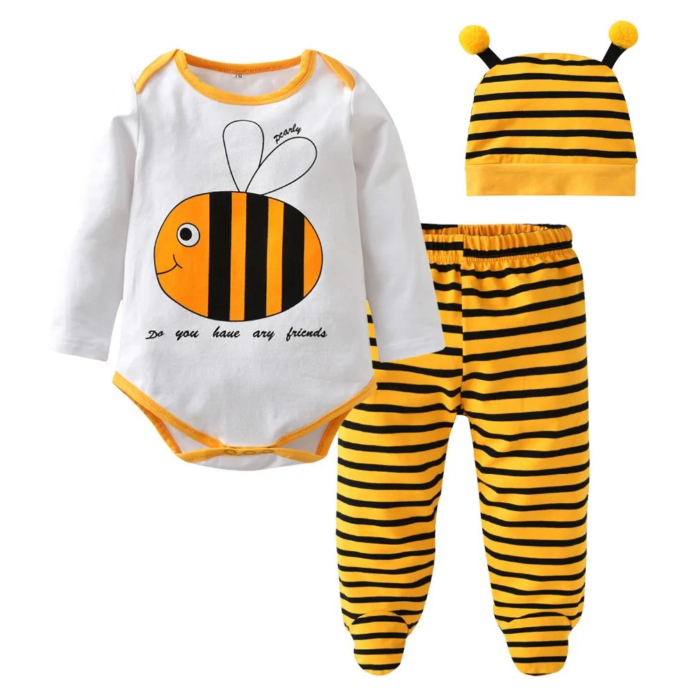 Autumn Baby Boy Clothes Newborn Cartoon Bee Printed Romper+Stripe Pants+Cap Infant Girl Clothing Set Toddler 3pcs Suit
Autumn Baby Boy Clothes Newborn Cartoon Bee Printed Romper+Stripe Pants+Cap Infant Girl Clothing Set Toddler 3pcs Suit