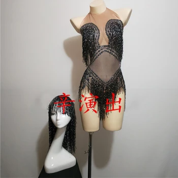 Shining Black Tassel Bodysuit Nigthclub Rhinestones Glisten stones One-piece Headpiece Costume Stage Leotard Headdress DL3450
Shining Black Tassel Bodysuit Nigthclub Rhinestones Glisten stones One-piece Headpiece Costume Stage Leotard Headdress DL3450