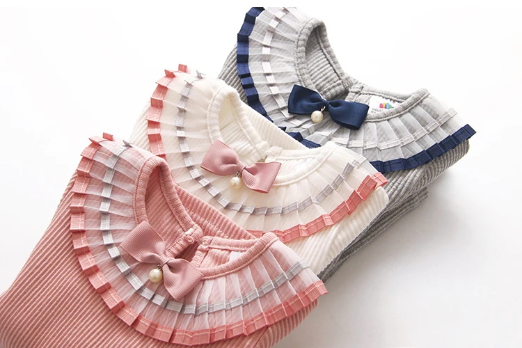 2018 Spring Autumn 100% Cotton White Grey Pink Solid Color Long Sleeve Pleated Turn-Down Collar Neck T Shirt For Girls 10 Years (11)