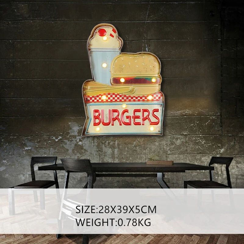 Image BURGERS LED Metal Sign Decorative Painting Bar Cafe Signboard Signage Home Wall Decor Illuminated Hanging Neon Signs A851