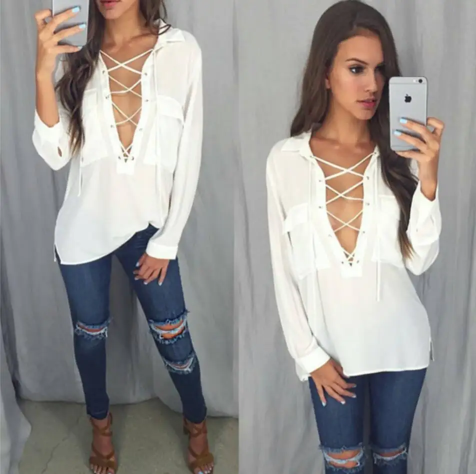 Blusas Women Turn Down Collar Chiffon Shirt Sexy Deep V Front Lace Up Long Sleeve Blouse Casual Tops
Blusas Women Turn Down Collar Chiffon Shirt Sexy Deep V Front Lace Up Long Sleeve Blouse Casual Tops