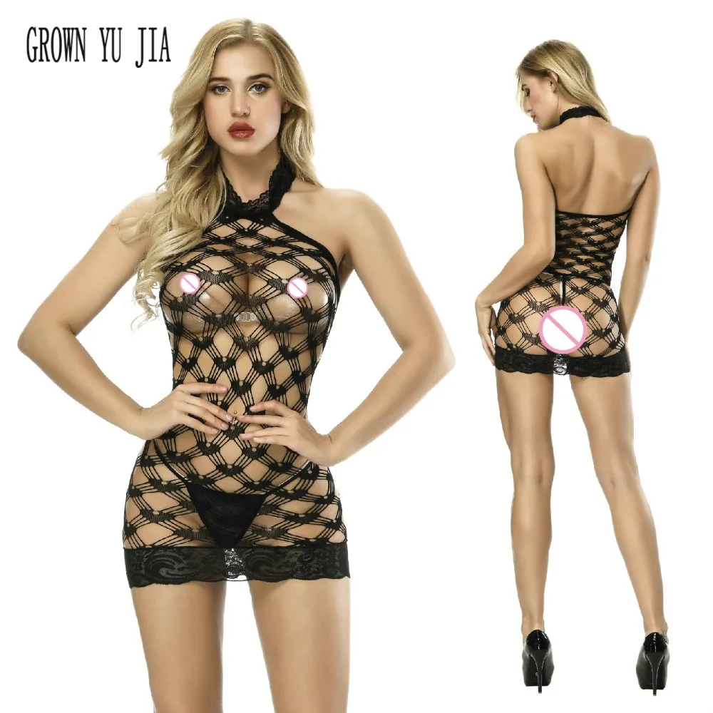 

New Sexy fishnet lingerie Hot babydoll Hollow out Erotic net dress jacquard perspective Sexy halter Sling Skirt porno costumes