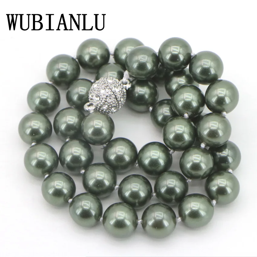 

WUBIANLU New 12mm Army Green South Shell Pearl Round Beads Choker Necklace Magnet Clasp Choker Necklaces Womens Costume Jewelry