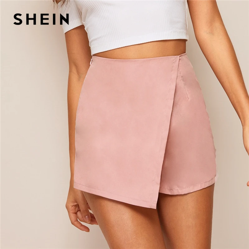 

SHEIN Pink or Black Asymmetrical Hem Solid Wrap Shorts Skirts Women Summer Zipper Fly Mid Waist Solid Streetwear Casual Shorts