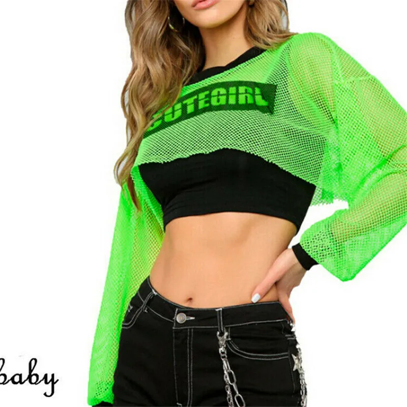 Fluorescent Green Women Long Sleeve Mesh Net Top Raver Club Outwear Crop Top Punk Rock Fishnet Beachwear Tee Shirt
Fluorescent Green Women Long Sleeve Mesh Net Top Raver Club Outwear Crop Top Punk Rock Fishnet Beachwear Tee Shirt