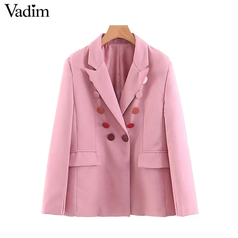 Vadim women stylish pink notched collar long sleeve blazer double breasted back split design female casual wear tops CA425
Vadim women stylish pink notched collar long sleeve blazer double breasted back split design female casual wear tops CA425