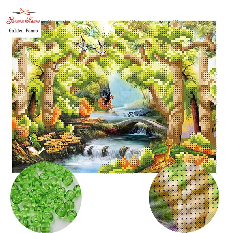 Golden Panno Needlework DIY beads Cross stitch Embroidery Precise Printed painting scenic Pattern stream 0414 | Дом и сад