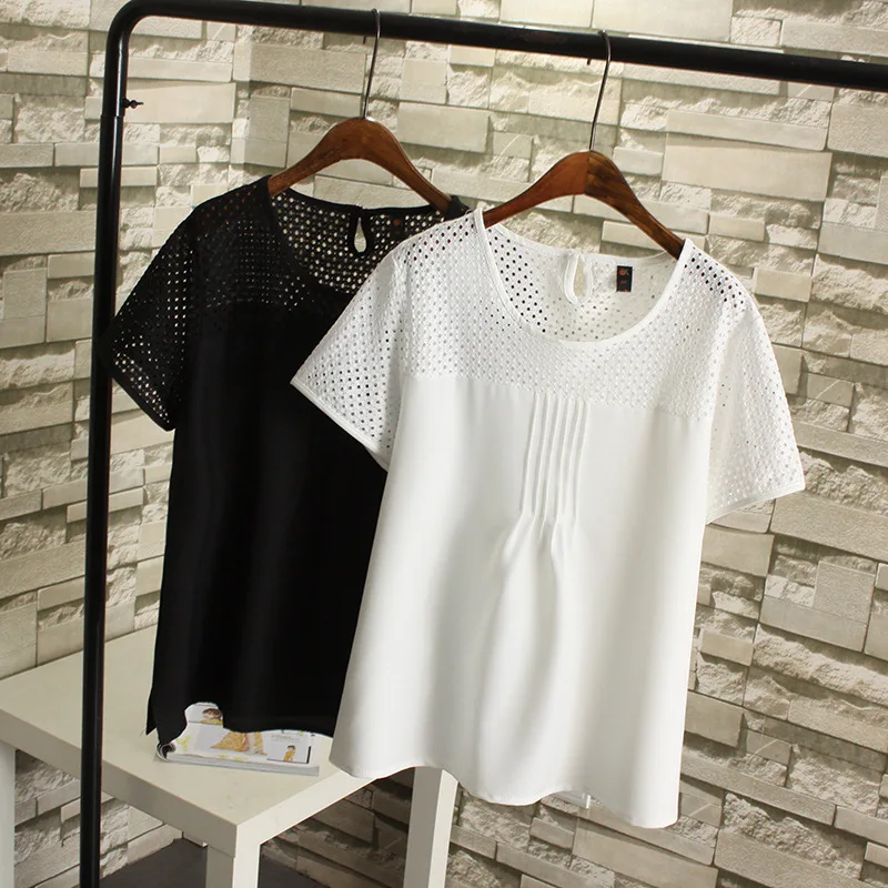 2019 Summer Short Sleeve Tshirt Lace Splicing Chiffon Pleated Solid Color Women's Shirt Tops Simple Unique Hollow Tees Tops 4XL
2019 Summer Short Sleeve Tshirt Lace Splicing Chiffon Pleated Solid Color Women's Shirt Tops Simple Unique Hollow Tees Tops 4XL