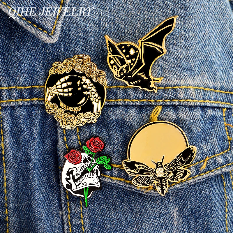 

QIHE JEWELRY 4pcs/set Bat Bee Rose Skull Hand with crystal ball Skeleton pin Brooch Lapel pin Punk Backpack Jeans Accessories