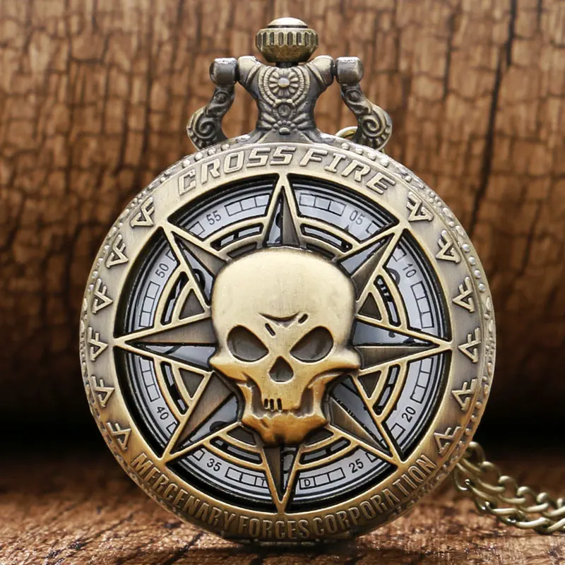 Hollow Vintage Bronze Skull Ghost Cross Fire Quartz Pocket Watch Necklace Mens P314C | Наручные часы