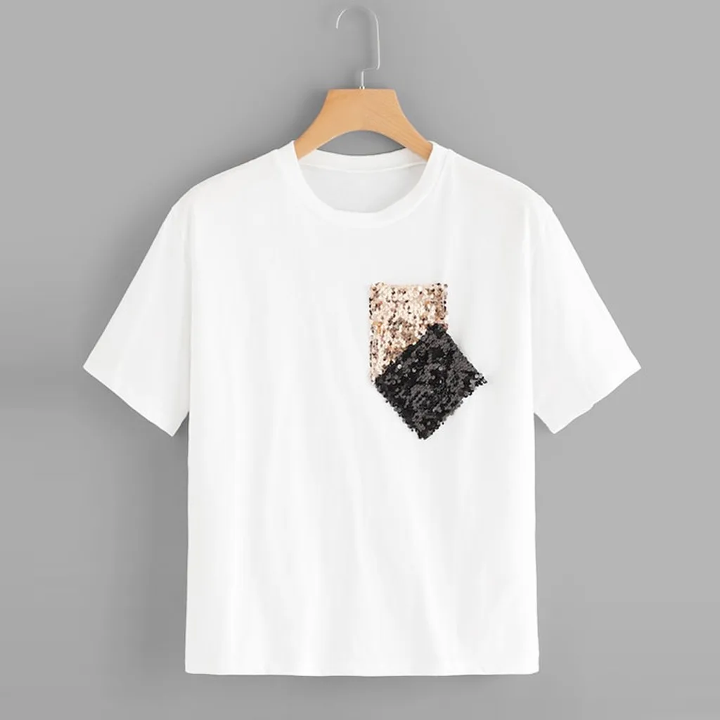 2019 Summer New T Shirt Women Casual Sequin Pocket Short Sleeve Contrast Loose Round Neck T-shirt Tops Woman Clothes
2019 Summer New T Shirt Women Casual Sequin Pocket Short Sleeve Contrast Loose Round Neck T-shirt Tops Woman Clothes
