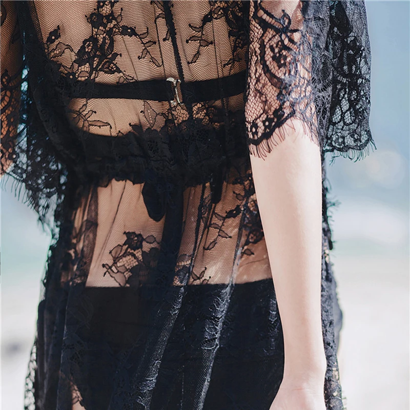 Summer Sexy Hollow Out Black Bikini Cover Up Women Lace Floral Long Maxi Beach Dress High Waist Bathing Suits Cover Up Tops5