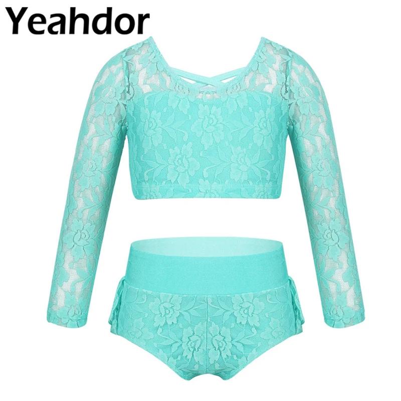 Kids Girls Dancewear Outfit Lace 3/4 Sleeves Criss Cross Back Crop Top with Ruffled Briefs Set Gymnastic Stage Performance 2pcs
Kids Girls Dancewear Outfit Lace 3/4 Sleeves Criss Cross Back Crop Top with Ruffled Briefs Set Gymnastic Stage Performance 2pcs