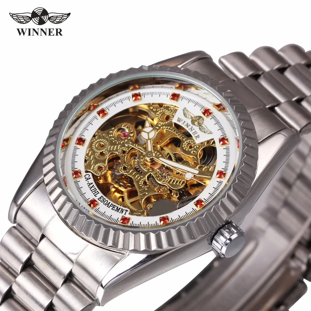 2018 WINNER Men Auto Mechanical Watch Full Steel Fashion Watches Red Crystal Golden Skeleton Dial Business Relogio Masculino
2018 WINNER Men Auto Mechanical Watch Full Steel Fashion Watches Red Crystal Golden Skeleton Dial Business Relogio Masculino