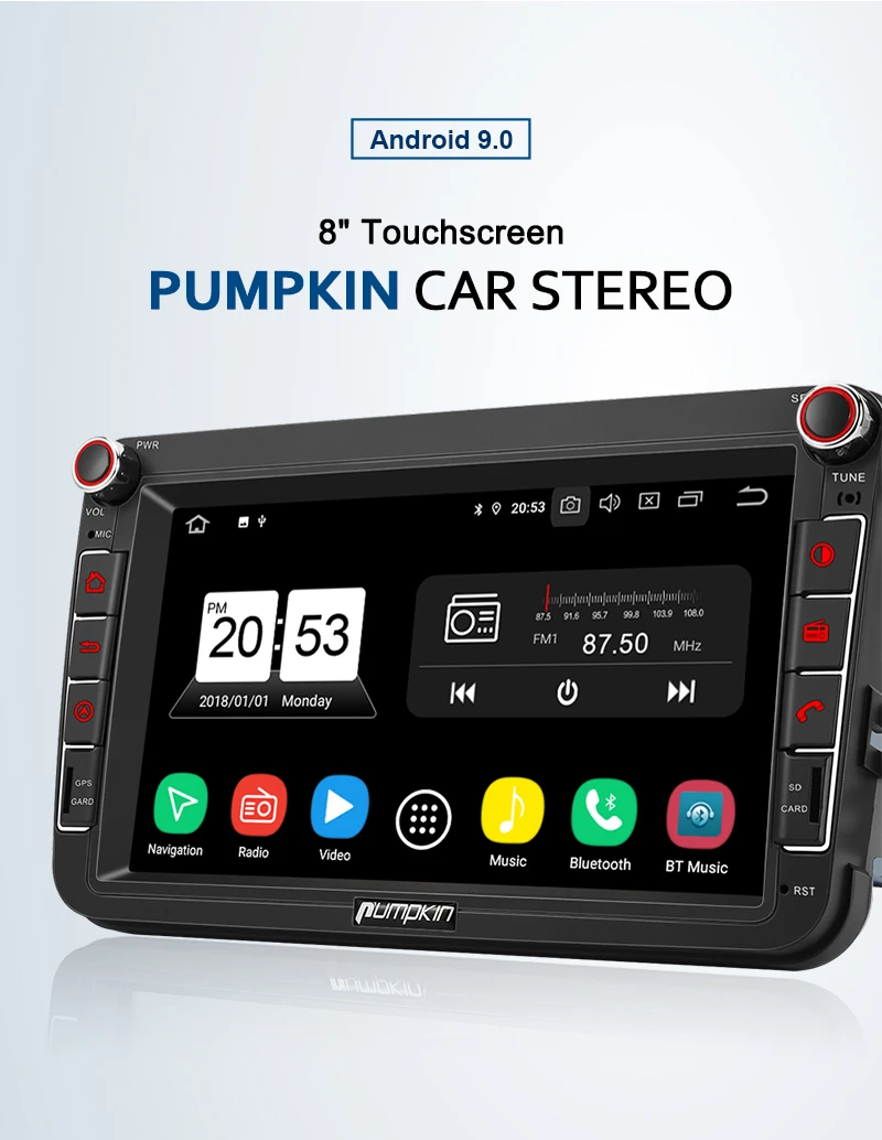 Clearance Pumpkin 2 Din 8"Android 9.0 GPS Autoradio Stereo Car Multimedia Player For Volkswagen/Golf/Skoda 4GB RAM 32GB ROM Wifi OBD2 DAB 1