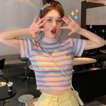 2019 Summer ice cream color tee-shirt female short Cute t-shirt rainbow striped slim knitting Top Short Sleeve Turtleneck 
2019 Summer ice cream color tee-shirt female short Cute t-shirt rainbow striped slim knitting Top Short Sleeve Turtleneck