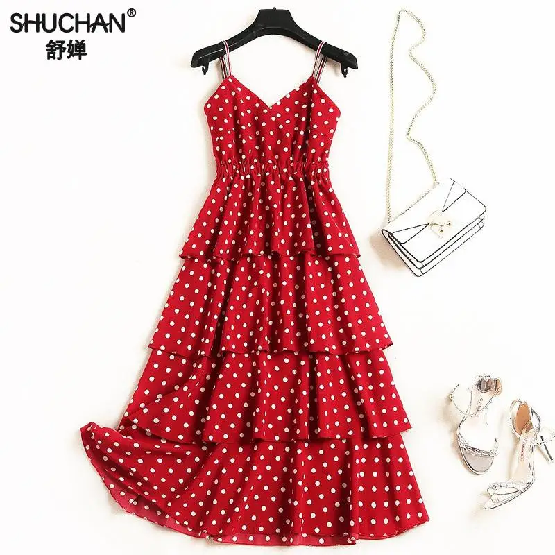 Shuchan Sweet Polka Dot Spaghetti Strap Dress Summer Red Black Ball Gown Sleeveless Dresses To Knee-length Cascading Ruffle 
Shuchan Sweet Polka Dot Spaghetti Strap Dress Summer Red Black Ball Gown Sleeveless Dresses To Knee-length Cascading Ruffle