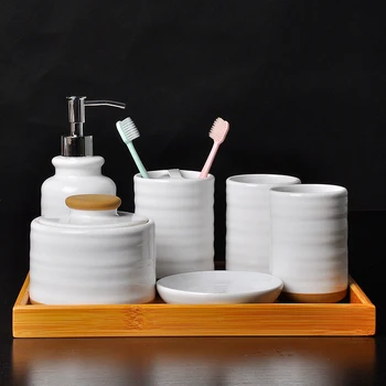 5/6/7pcs Ceramics Bathroom Accessories Set Soap Dispenser/Toothbrush Holder/Tumbler/Soap Dish with Bamboo Tray Bathroom Storage
5/6/7pcs Ceramics Bathroom Accessories Set Soap Dispenser/Toothbrush Holder/Tumbler/Soap Dish with Bamboo Tray Bathroom Storage