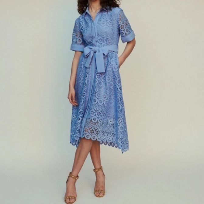 2019 spring new turn down collar short sleeve hollow out lace embroidery women high quality lace dress with waist band
2019 spring new turn down collar short sleeve hollow out lace embroidery women high quality lace dress with waist band