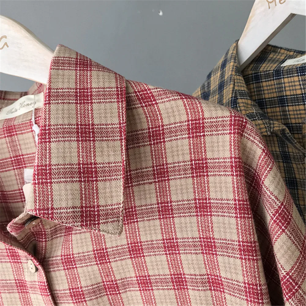 Boyfriend Style Blouses 100% Cotton Loose Women Plaid Shirts 2019 Office Women Blouse Shirt Female Outerwear Casual Pocket Shirt (6)