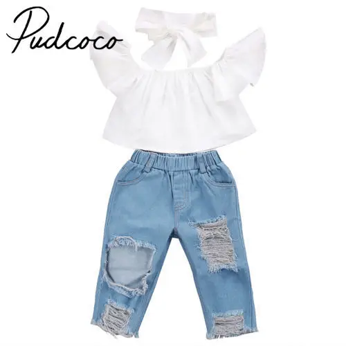 3pcs Set Lovely Kids Baby Girls Clothes Cotton Short Sleeve Off Shoulder Top Denim Pants Destroyed Jeans Outfits Set 2-6 Years
3pcs Set Lovely Kids Baby Girls Clothes Cotton Short Sleeve Off Shoulder Top Denim Pants Destroyed Jeans Outfits Set 2-6 Years