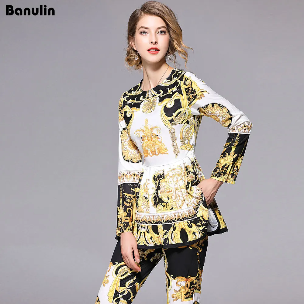 Fashion Runway Designer Suit Set Women's Long Sleeve Retro Pattern Print Pleated Hem Split Pullover Top Pants Set 2 Piece Sets
Fashion Runway Designer Suit Set Women's Long Sleeve Retro Pattern Print Pleated Hem Split Pullover Top Pants Set 2 Piece Sets