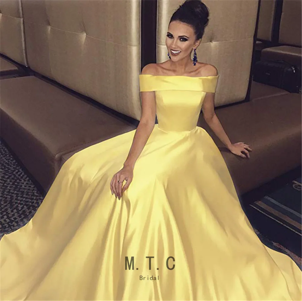 Hot Selling Yellow Satin Long Evening Dress Off The Shoulder 2019 A Line Boat Neck Arabic Prom Gown Cheap Wedding Party Dresses
Hot Selling Yellow Satin Long Evening Dress Off The Shoulder 2019 A Line Boat Neck Arabic Prom Gown Cheap Wedding Party Dresses