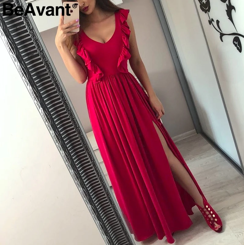 BeAvant Elegant ruffle red women dress summer 2019 Sleeveless split sexy dress long V neck female club dress christmas vestidos
BeAvant Elegant ruffle red women dress summer 2019 Sleeveless split sexy dress long V neck female club dress christmas vestidos