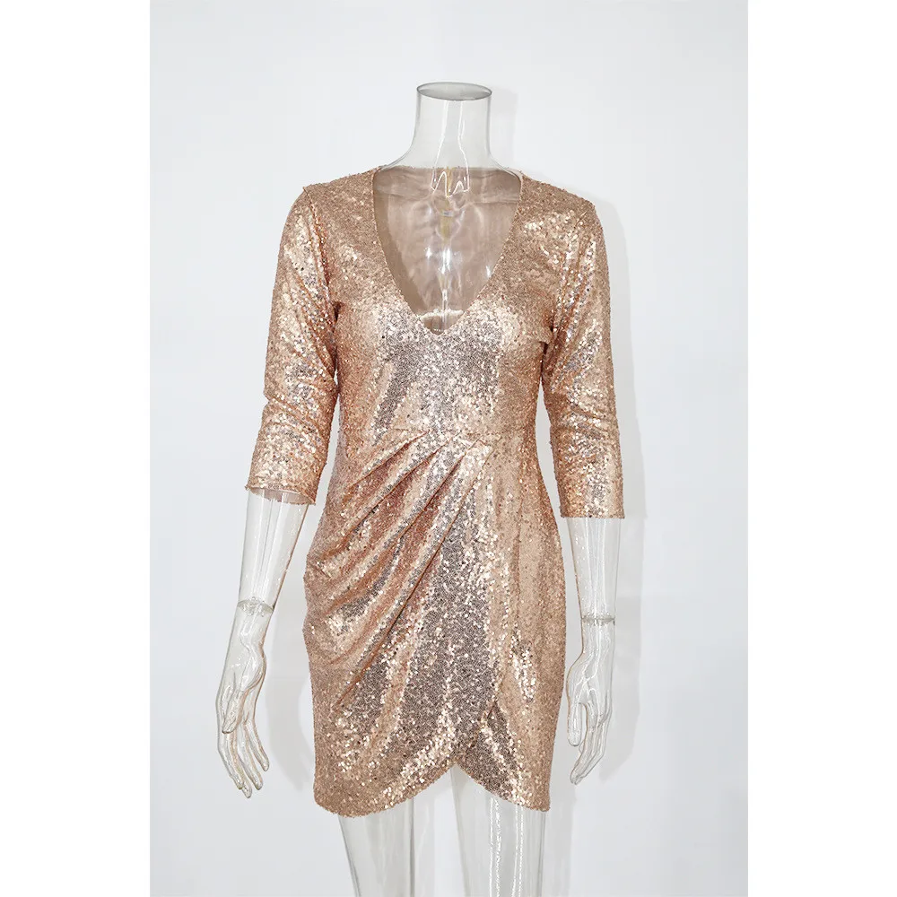 Women Sequin Dress Deep V-Neck Sleeve Cross Sexy Dress 13_