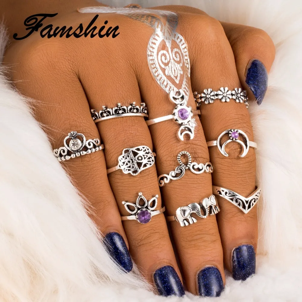 

FAMSHIN 10 Pcs/Set Women Bohemian Fatima Hand Crown Ring Set Hollow Caved Retro Elephant palm moon lotus Joint Knuckle Rings